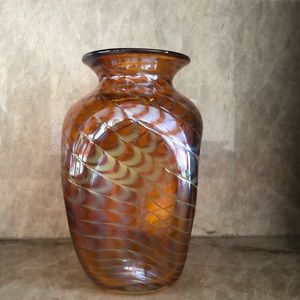 One Of A Kind Signed CJK Hand Blown Decorative Glass Vase In Amber & Gold Swirl